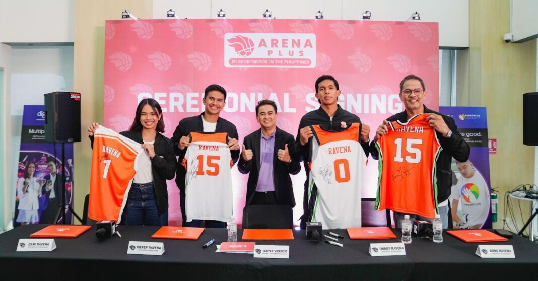 Dani Ravena, Kiefer Ravena, Thirdy Ravena, and their father, Bong Ravena, together with the president of Total GameZone Xtreme Inc., Jasper Vicencio, during ArenaPlus’ ceremonial signing of new ambassadors. 